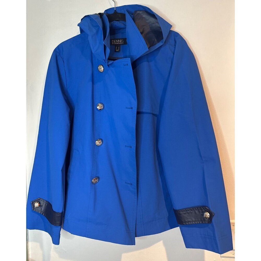 Dennis Basso Blue Jacket Womenâs Size L Removable Hood Lightweight Coat